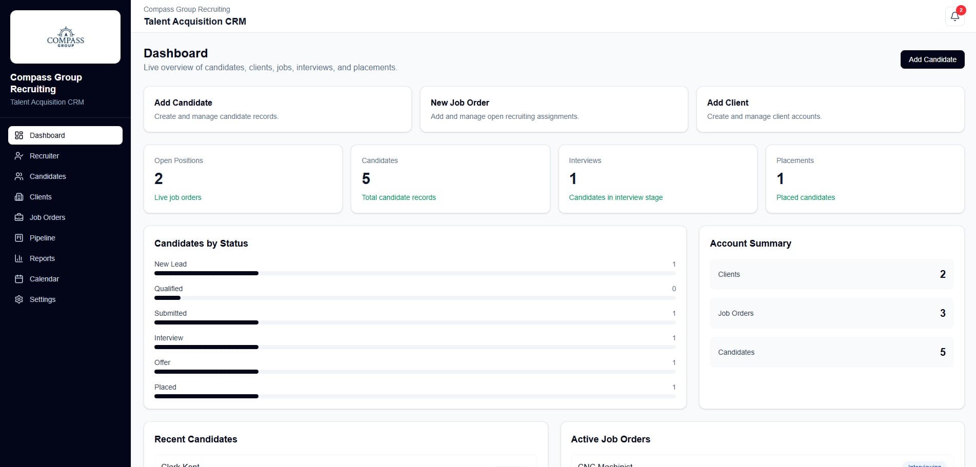 Compass CRM recruiting operations dashboard